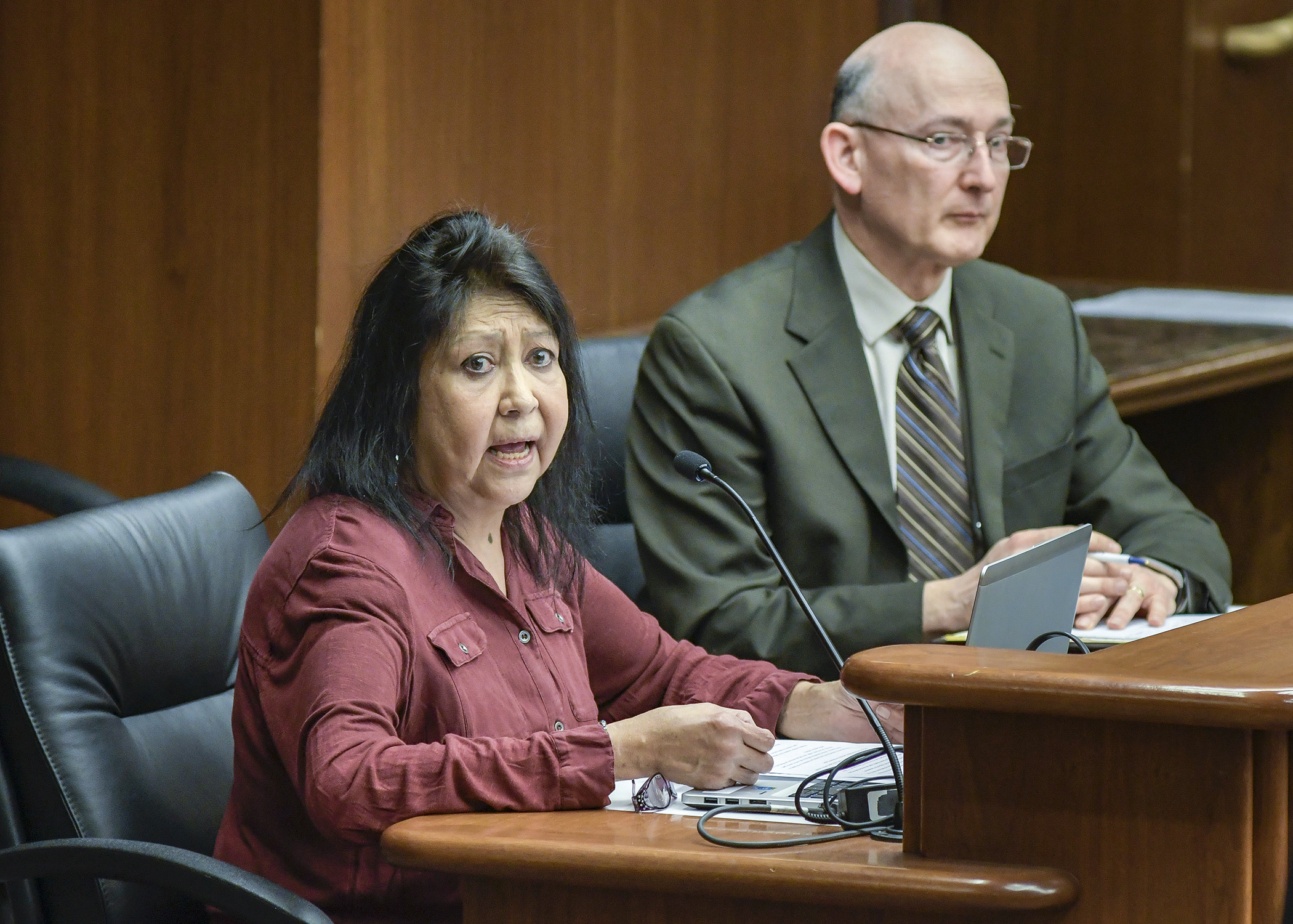 Sandra Skinaway, chairwoman for the Sandy Lake Band of Mississippi Chippewa, testifies before the House Environment and Natural Resources Policy Committee March 27 in support of a bill sponsored by Rep. Peter Fischer, right. Photo by Andrew VonBank